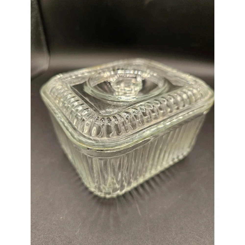 Vintage Clear Ribbed Glass Refrigerator Dish Rectangular Storage Containe Lid XX